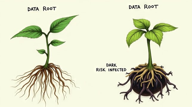 Conceptual illustration comparing healthy data roots with dark risk infected data roots.