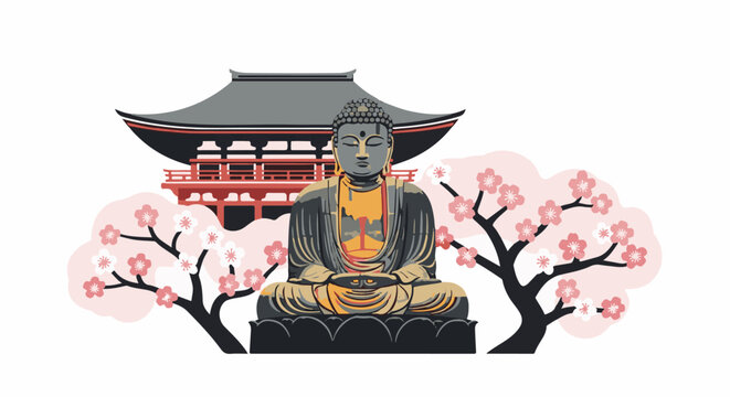 Serene Buddha statue sits before a temple amidst blooming cherry trees