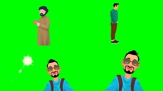 Happy young men standing alone looking around and brightly smiling today 2d animated cartoon on green screen chroma key background. high quality loop cycle vector illustration animation