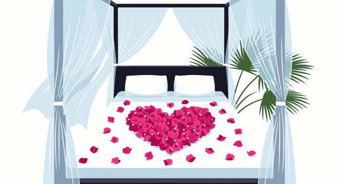 Romantic canopy bed adorned with a heart of pink rose petals