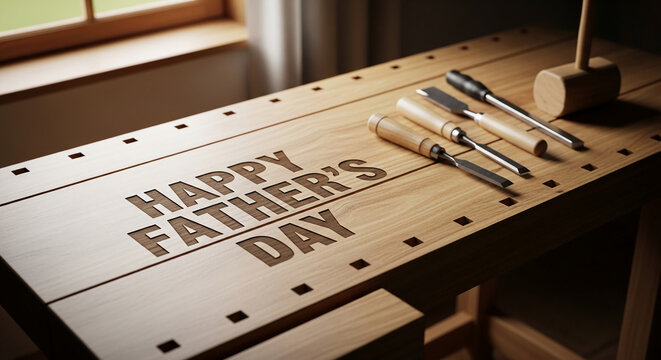 Engraved "Happy Father's Day" on a wooden workbench with chisels and a mallet, representing craftsmanship and a father's dedication, ideal for greeting card or gift concepts