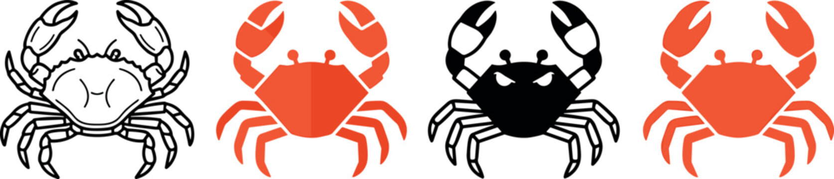 Red and Black Crab Icon Set with Line Art Silhouette Flat Design and Detailed Linear Anatomy Styles for Marine Biology Seafood and Branding Vector Graphics