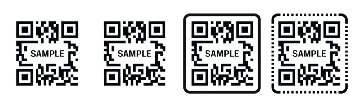 Four distinct quick response codes presented on a minimalist light gray backdrop, some accented with pink borders, conveying modern authentication systems, digital interaction, and high-end stock 