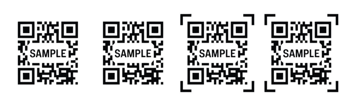 Four distinct quick response codes are displayed against a light gray background, some highlighted with pink borders, high-quality professional digital illustration showing modern scanning technology 