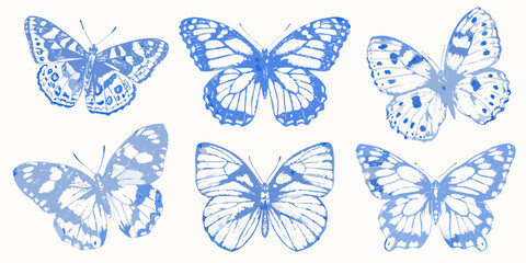 A collection of blue butterflies vintage style illustration on a white background high quality professional © Ramanath