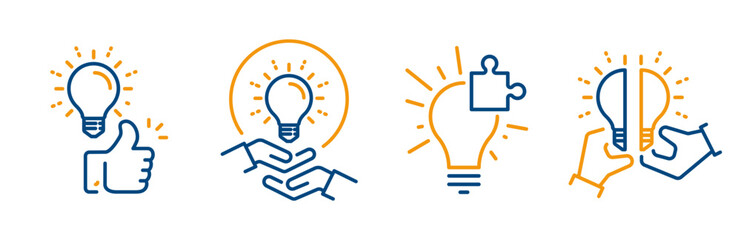 light bulb as a concept of an idea, icon set, best or good idea, collaboration partners, creativity solution, thin line icons - editable stroke vector illustration © Yurii