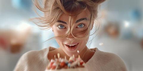 Fototapeta premium Youthful individual celebrating with joy. Caucasian student enthusiastically blowing out birthday candles amid cheerful party environment