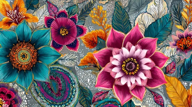 91.Vibrant seamless floral vector design with geometric petals and paisley motifs, African boho style, intricate hand drawn details, ethnic textile pattern