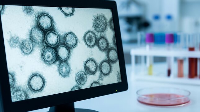 Microscopic view of viruses on a computer screen in a laboratory setting with test tubes and petri dish