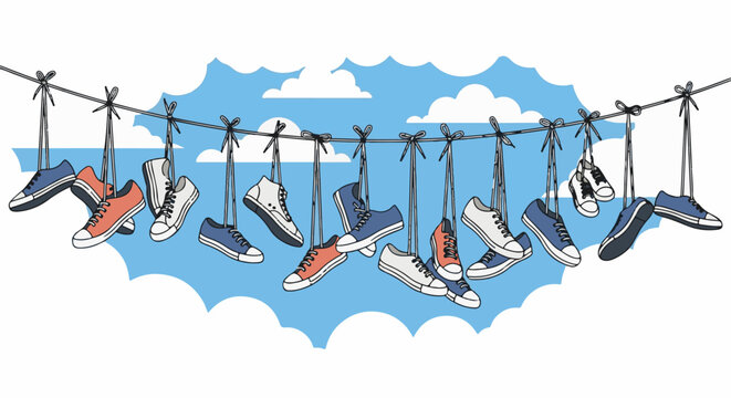 Various colorful sneakers are drying on a clothesline against a cloudy sky