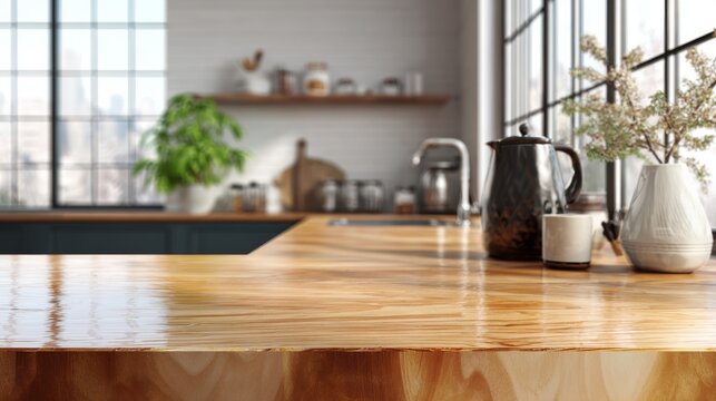 86.High quality indoor kitchen scene with sharp wooden counter detail in front, smooth polished surface, modern clean kitchen background bathed in soft daylight