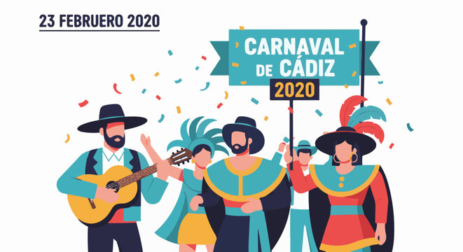 Festive figures in carnival attire celebrate with music and confetti
