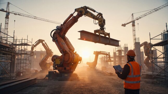 Industrial Construction Site with Robotic Arm and Worker at Sunset