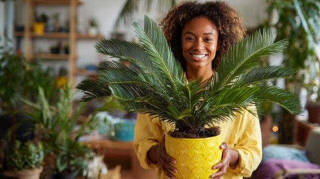37.Indoor plant care scene with African American woman holding Cycas, lush green fronds, yellow pot accent, bright living room environment, natural and authentic lifestyle photography
