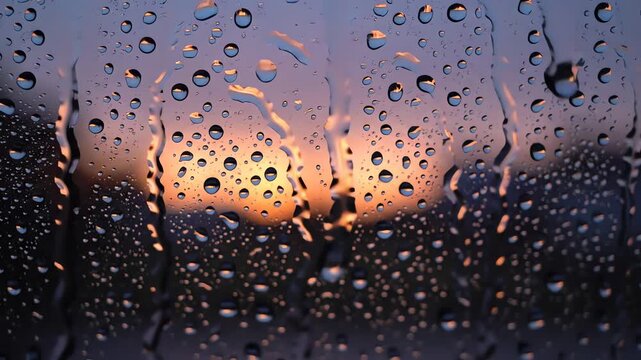 Warm sunset glow through raindrops on a window pane
