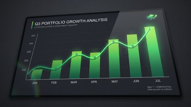 Q1 Portfolio Growth Analysis on Digital Screen with Bar Graph and Green Trend Line