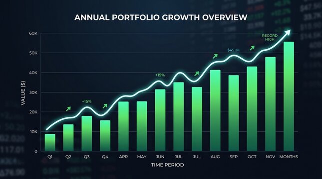 Annual Portfolio Growth Overview Bar and Line Chart on Digital Interface