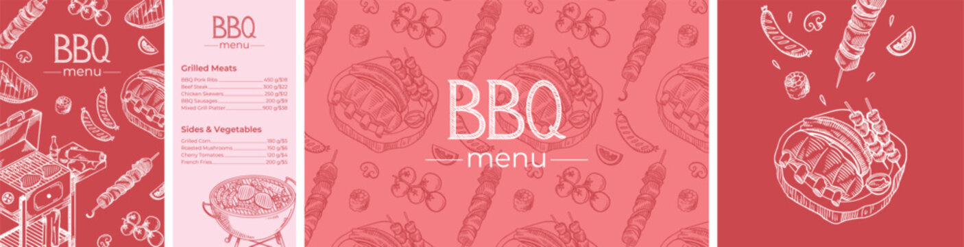 BBQ Menu Template and Barbecue Sketch Elements Banner Set