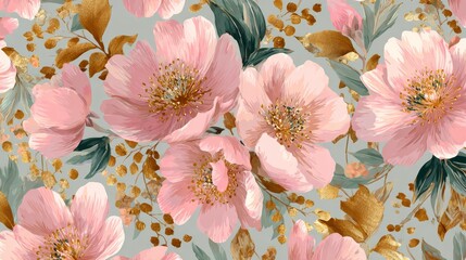 Fototapeta premium 2.Hand drawn pastel floral seamless illustration with abundant pink blooms, warm gold touches, balanced green foliage, refined artistic surface pattern