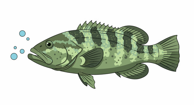 Green spotted fish with dark stripes exhales bubbles underwater