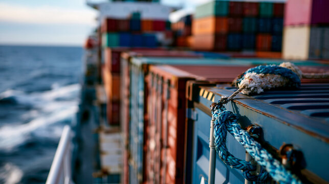 View from the deck level of a large ocean-going cargo ship looking over the colorful shipping containers stacked on deck against the open blue ocean, the perspective placing the viewer