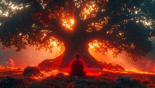 Buddhist monk meditating under a majestic ancient tree with golden sun rays piercing through branches, spiritual enlightenment concept, AI generated
