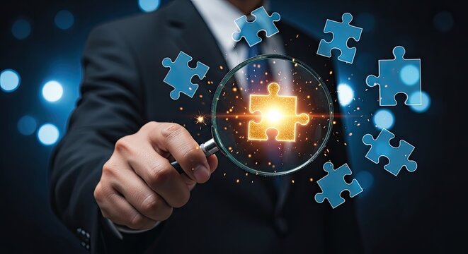 Businessman holding magnifying glass with glowing puzzle piece surrounded by blue puzzle pieces on dark background with bokeh lights professional concept