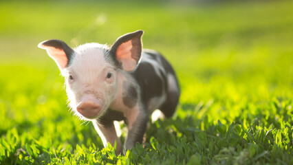cutie and funny young pig is standing on the green grass. Happy piglet on the meadow, small piglet in the farm posing on camera on family farm. Regular day on the farm © Bogdan
