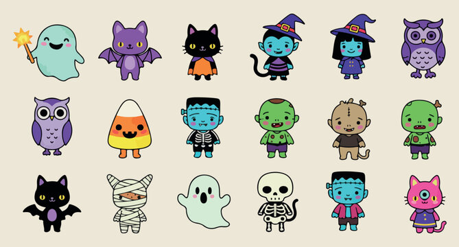 halloween character icons, spooky cute creatures, monster design set, holiday spirit graphics, minimal ghost art, festive celebration elements, premium vector illustration

