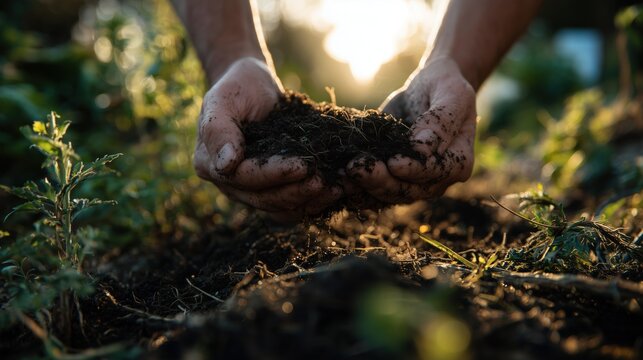 Hands hold dark soil with small plants in the background during a sunny afternoon in a garden setting