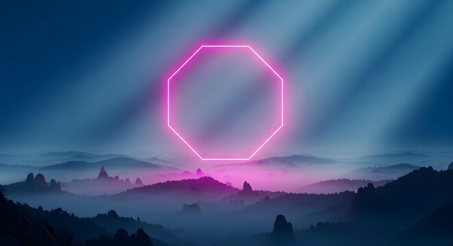 Glowing pink neon octagon frame floating above a misty mountain landscape at night with soft light rays and dark atmosphere