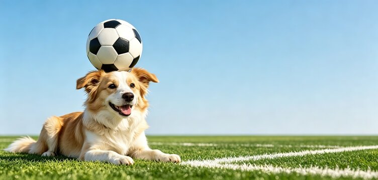 A happy golden dog balances a soccer ball on its head while lying on a sunlit football pitch. Ideal for cute sports-themed pet content, and lighthearted sports event marketing materials.