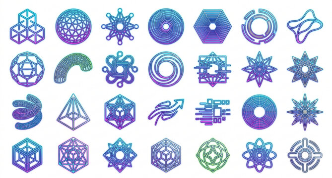 Cyberpunk Y2K Wireframe Geometry Vector Icons with Futuristic Psychedelic Sci Fi Elements