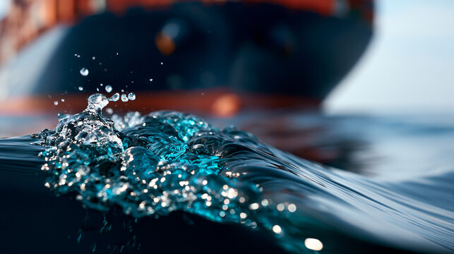 Close-up of the bow of a large ocean container ship cutting through calm blue sea water, the massive hull and wave displacement at the waterline emphasizing the power and scale of modern