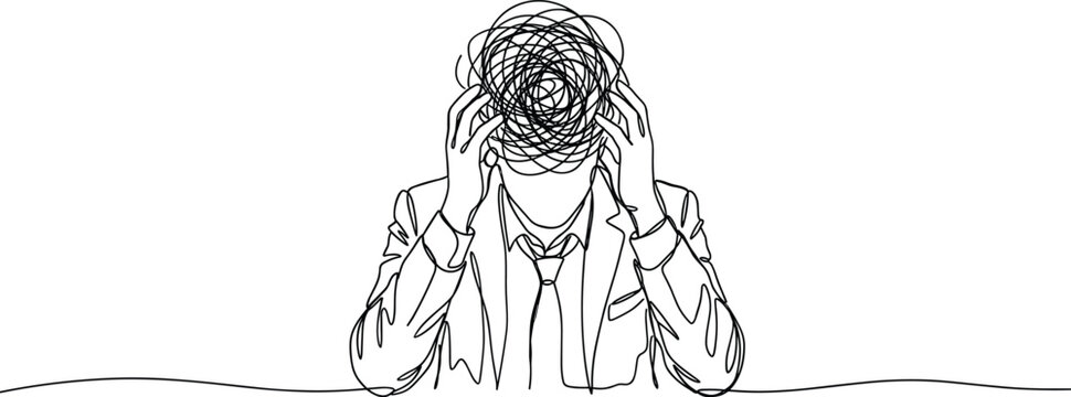 Continuous line drawing of a stressed businessman holding his head.