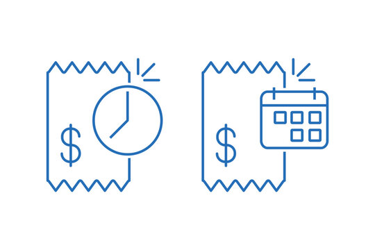 Cash register receipt with a dollar sign, clock, and calendar. Financial reporting or payment planning. Vector linear icon illustration isolated on white background.