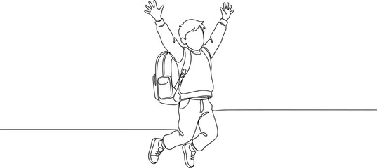 Continuous line drawing of a happy school boy jumping with backpack. © Yasmine 
