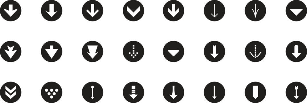 A collection of black circle icons with white downward pointing arrows for user interface design.