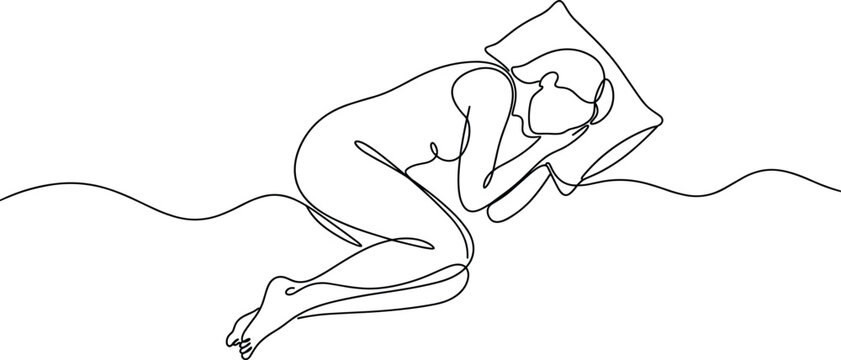 Continuous line drawing of a person sleeping in fetal position on a pillow.