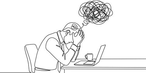Stressed man at desk with tangled thoughts line art drawing.