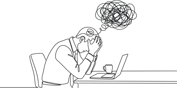Stressed man at desk with tangled thoughts line art drawing.