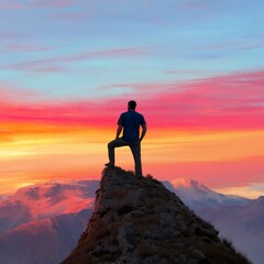 Fototapeta premium Man Standing on Mountain Peak During Sunset in the Sky With Vibrant Colors