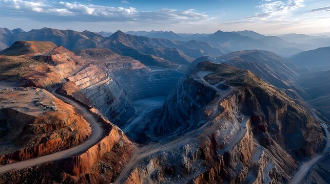 Mining quarry displays complex switchback roads navigating the steep sides of a massive crater within a mountain landscape, serving as a powerful visual representation of heavy industrial activity.