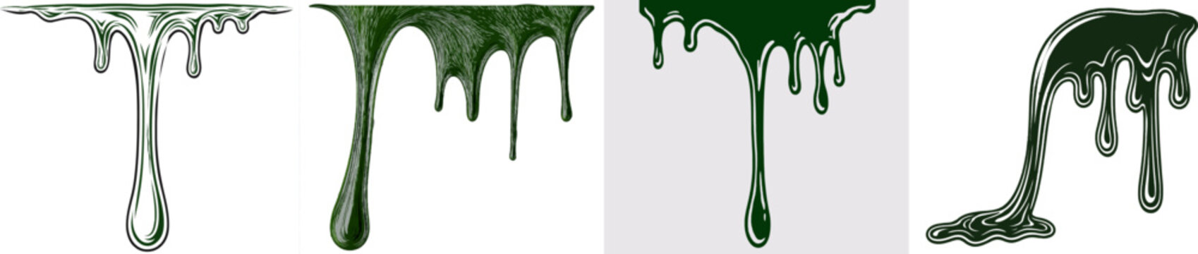 A single, heavy vertical paint drip trail in deep forest green begins from a massive solid blot against a strict pure white background, with crisp defined edges suitable for tracing