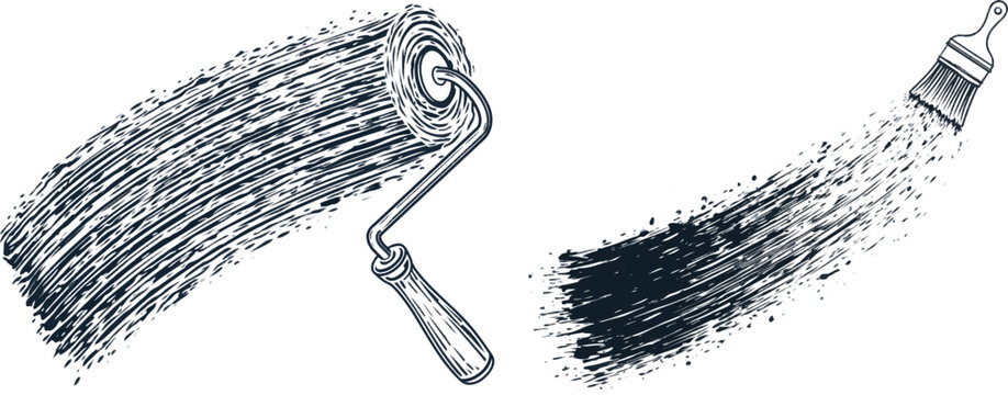 A single, heavily textured paint roller in a dark obsidian blue sits on a solid white background, showcasing chaotic fluid dispersion with strict hard lines and high-contrast edges for easy vector