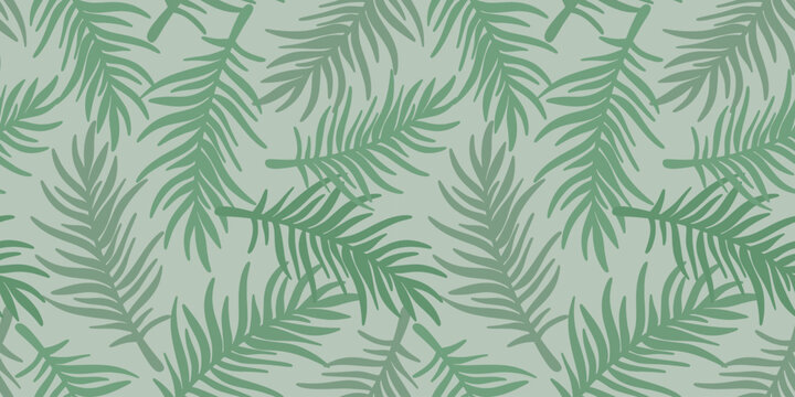 Tropical leafy seamless pattern. Green background with palm tree foliage. Eco-friendly natural summer print for textiles, packaging, and paper. Vector graphics