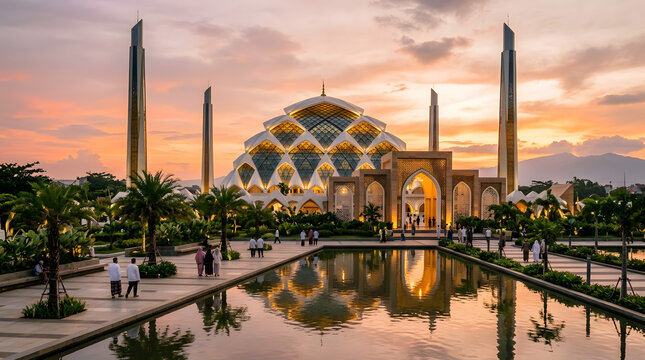 Majestic Grand Mosque with modern Islamic architecture reflected in a serene water pool at vibrant golden sunset, creating a tranquil spiritual landscape