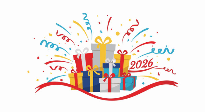 A vibrant pile of colorful gift boxes and confetti celebrates the year 2026