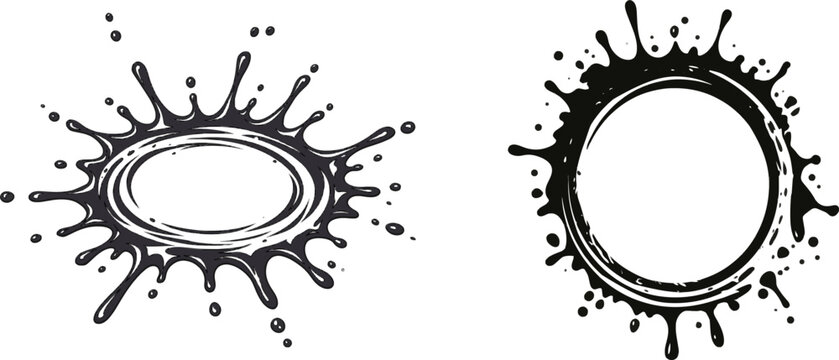 A grunge composition features sharply defined paint splatters forming a ring pattern in dark slate gray against a pure white background