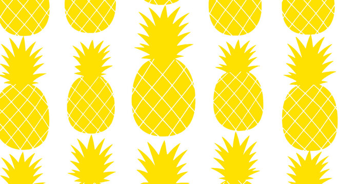 A seamless pattern of bright yellow stylized pineapples on a white background, creating a vibrant tropical design.